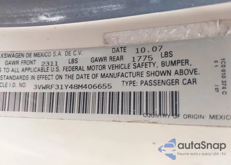 2008 Volkswagen New Beetle Se from USA, damaged, VIN 3VWRF31Y48M406655